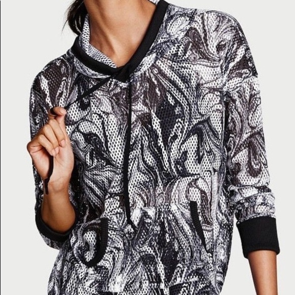 VICTORIA'S SECRET Black White Marble Swirl Mesh Sport Drawstring Hoodie